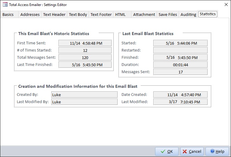 Review the statistics of your Microsoft Access email blasts including number of times and total messages sent
