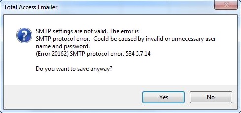 SMTP protocol error. Could be caused by invalid or unnecessary user name and password. (Error 20162) 534 5.7.14