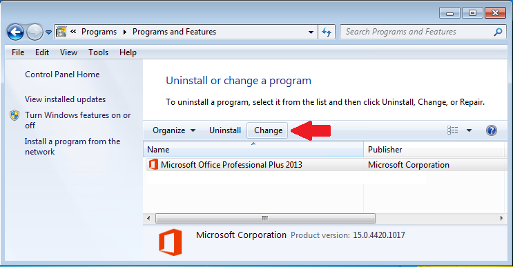 Control Panel, Programs and Features, Microsoft Office Access