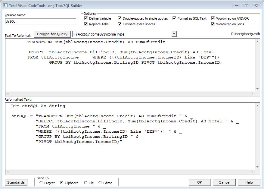 Long Text SQL Builder in Total Visual CodeTools for VB6 and VBA/Office