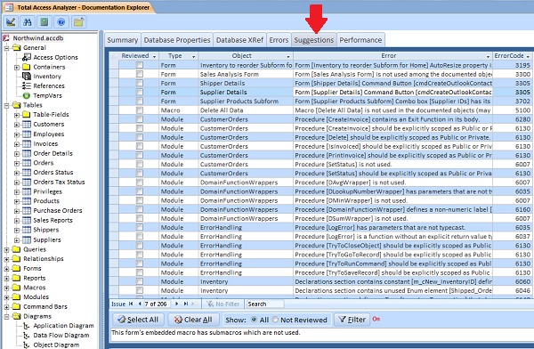 Total Access Analyzer displays unused database objects on the Suggestions Tab