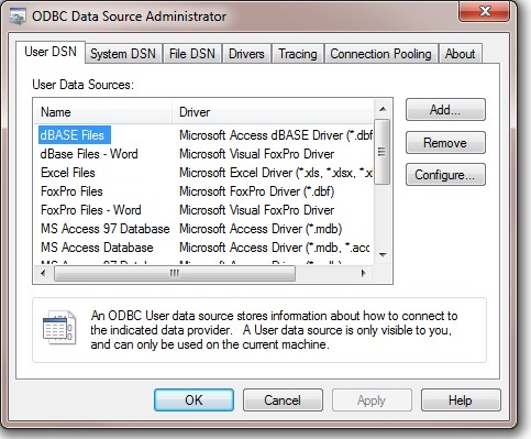 ODBC Data Source Administrator screen