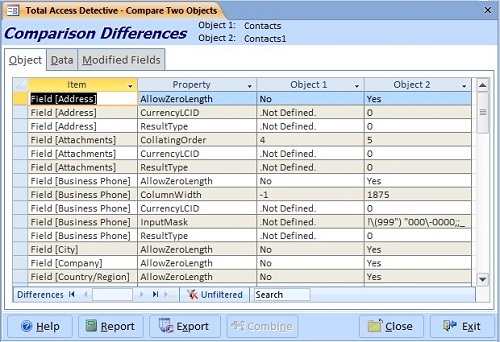Microsoft Access Table Comparison Showing Field, Property and Data Differences