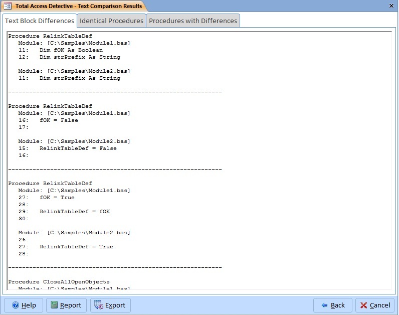 Microsoft Access Module, VB6 or Text Differences are Displayed with Options to Print or Export