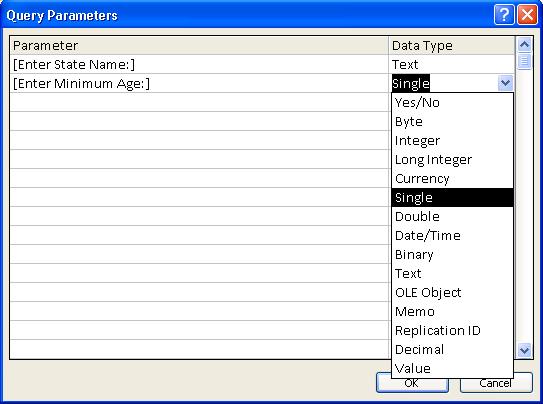Microsoft Access Query Parameters Input Screen