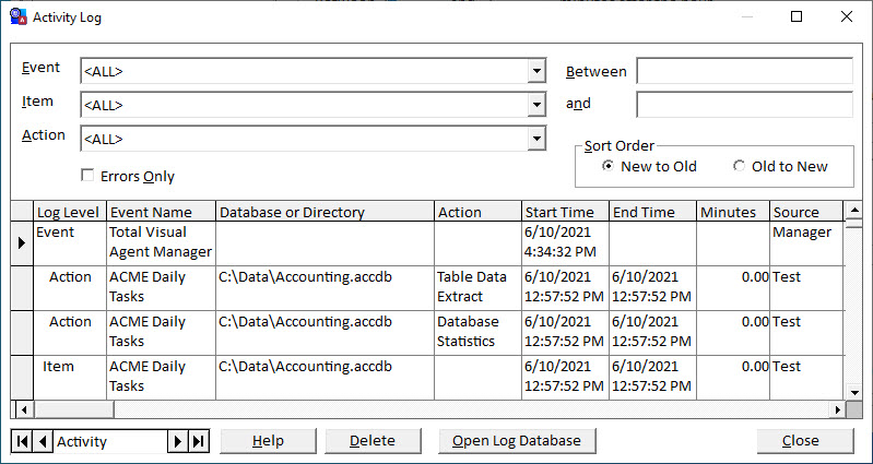 Activity History Log of Microsoft Access database maintenance