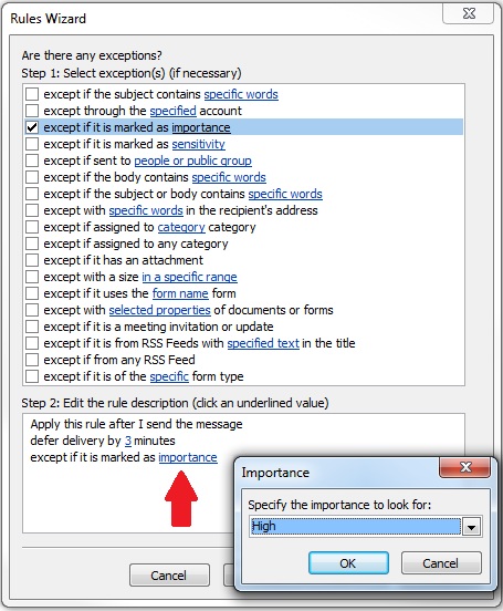 Microsoft Outlook Delay Exception for High Importance messages