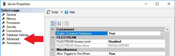 Microsoft SQL Server Properties Advanced Containment Enable Contained Databases