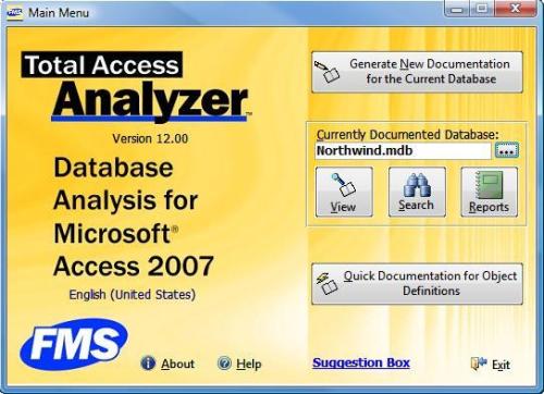 Total Access Analyzer 2007 Main Menu for Microsoft Access 2007