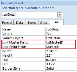 Setting Link Master Field and Link Child Fields properties for Microsoft Access subforms