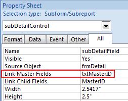 Microsoft Access Subform Linked Master Field to Control
