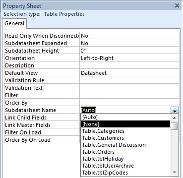 SubdatasheetName Property on Microsoft Access Table Designer