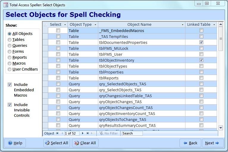 Select the Microsoft Access objects in your Database to Spell Check