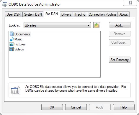 File DSN tab for the ODBC Data Source Administrator