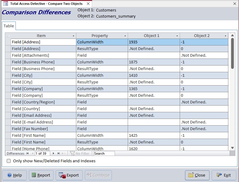 Microsoft Access Table Comparison Showing Field and Property Differences