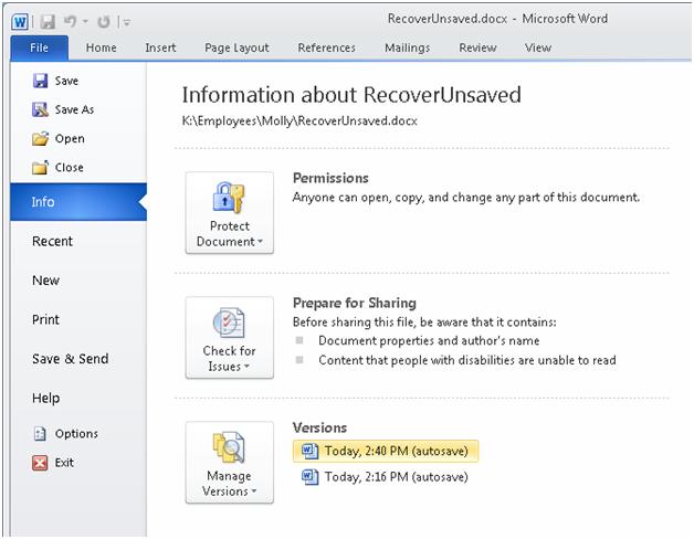 word 2010 unsaved document recovery