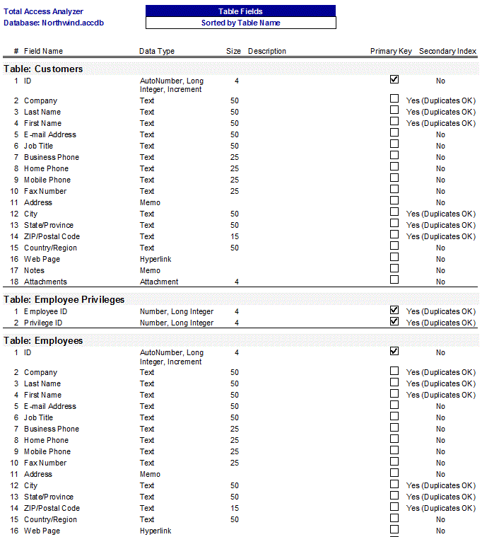 Microsoft Access documentation Table Definitions with Field Listings report