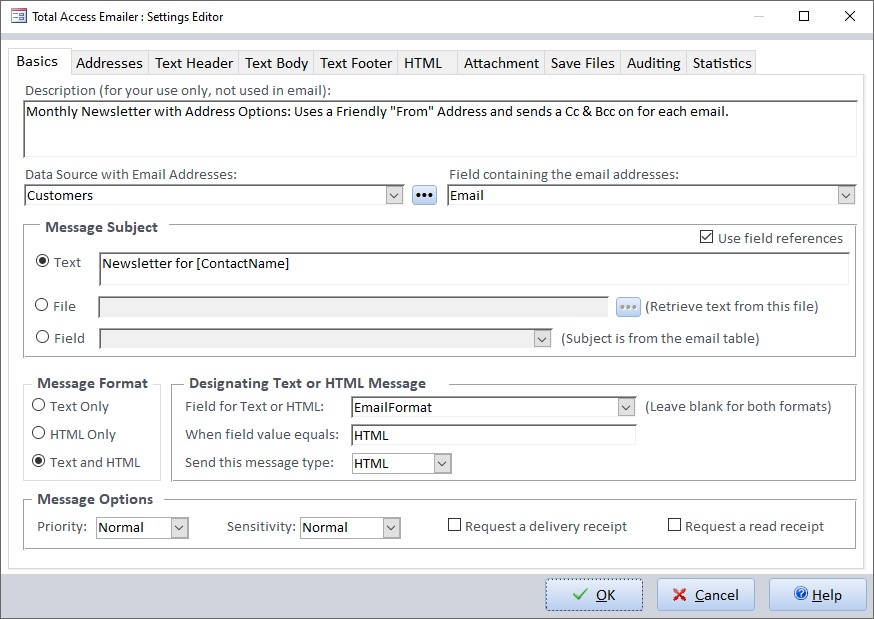 Set the data source, email field, and subject for your Microsoft Access email