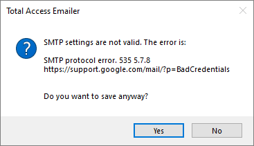 SMTP protocol error. 535 5.7.8 https://support.google.com/mail/?p=BadCredentials
