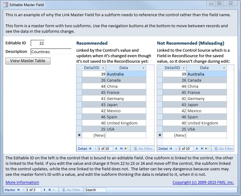 Microsoft Access Subform with Linked Master Field to Control and Field