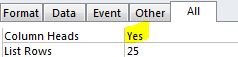 Column Head Property Set to Yes