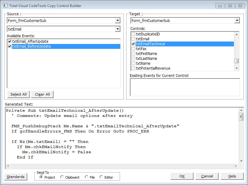 Copy Control Code Builder in Total Visual CodeTools for VB6 and VBA/Office