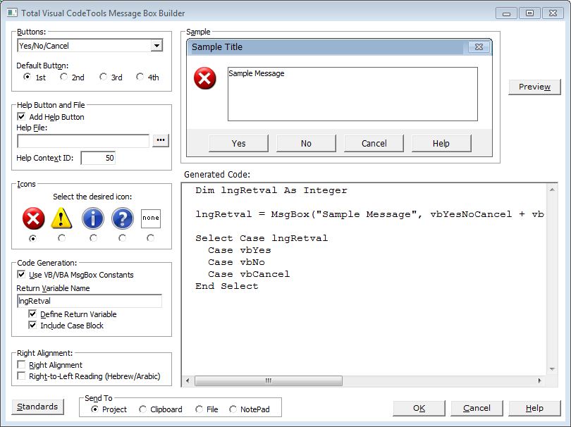 Message Box Builder in Total Visual CodeTools for VB6 and VBA/Office