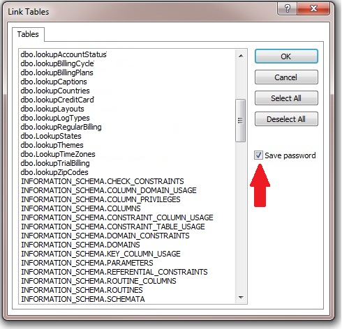 Select the SQL Azure tables to link to