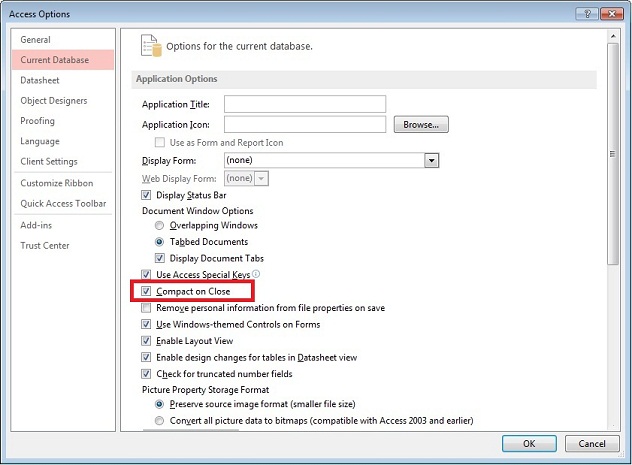 Compact On Close Automatically Compacts And Repairs Microsoft Access Databases