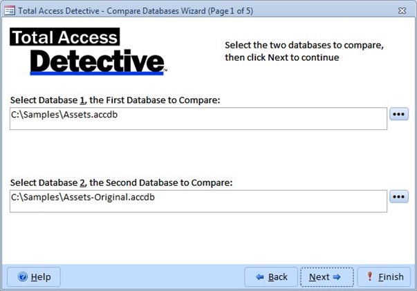 Specify the two Microsoft Access Databases to Compare for Differences