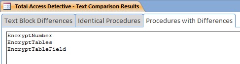 List of VBA procedures with at least one difference