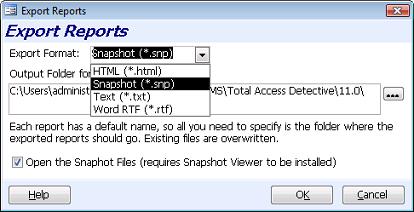 Export Reports to Multiple File Formats: such as Adobe PDF, HTML, Snapshot, Text, RTF, or XPS