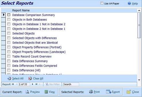 List of reports after comparing two Microsoft Access databases for differences