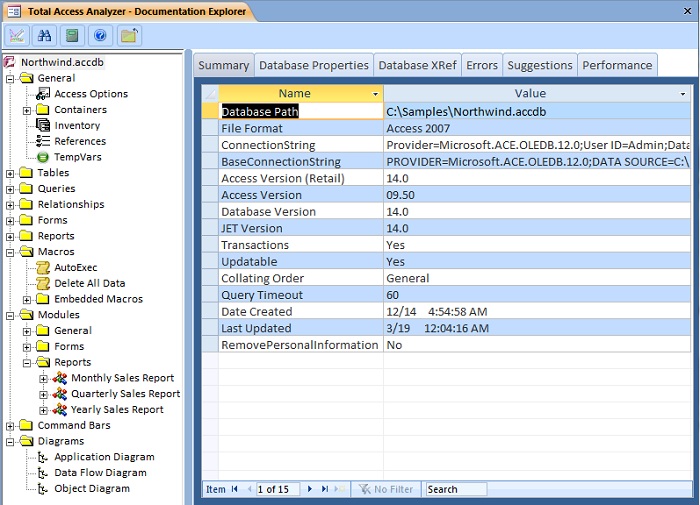 Microsoft Access Database Documentation Results in Total Access Analyzer's Documentation Explorer