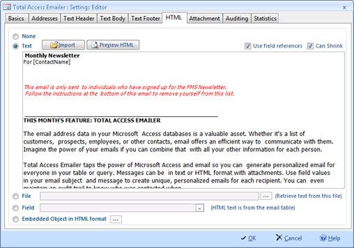 Setting HTML email specifications in Total Access Emailer 2007