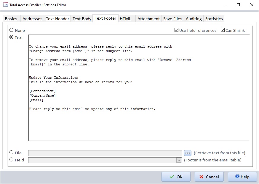 Specify the text footer with field references for your Microsoft Access emails