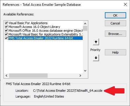 Total Access Emailer Library Reference Path
