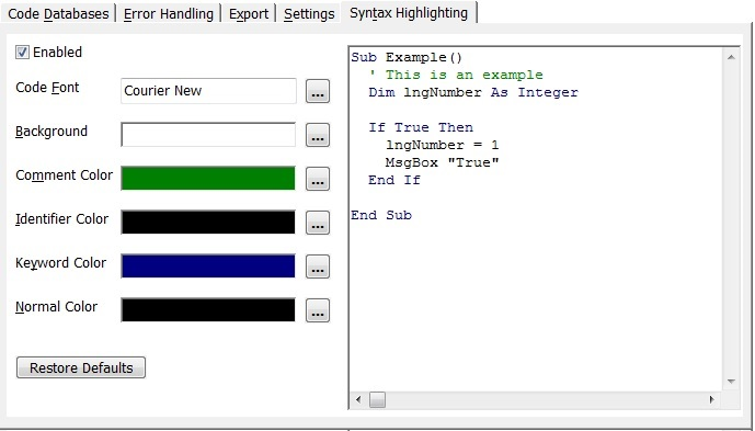 Customize the VBA/VB6 syntax highlighting for viewing the source code