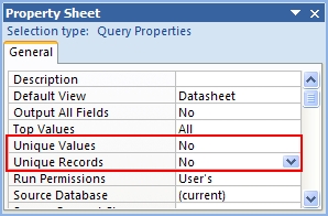 Microsoft Access Query Property Sheet