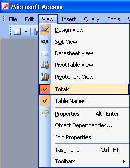 Microsoft Access Query View Menu to Set Totals