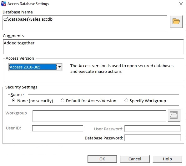 Specify a specific Microsoft Access's database settings