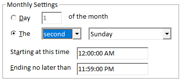 Monthly Event Options for Day of Week
